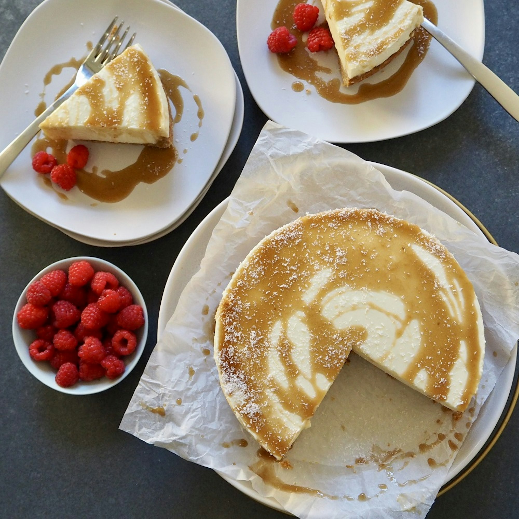 No-bake Anzac Cheesecake with Coconut Caramel and Fresh Raspberries Recipe